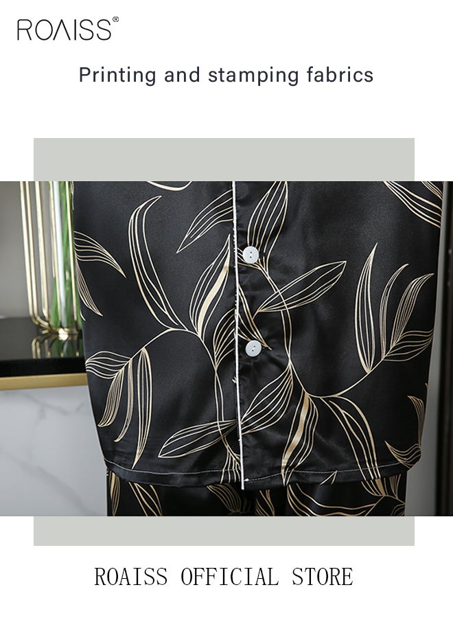 roaiss Plus Size Men's 2 PCS Pajama Set, Leaf Print Ice Silk Sleepwear Set,  Loose Button Placket Short Sleeve Top and Elastic Waist Shorts,  Cooling  Breathable Lightweight Polyester Blend Loungewear Set, Cozy Casual Nightwear for Spring Summer, Black - Image 2